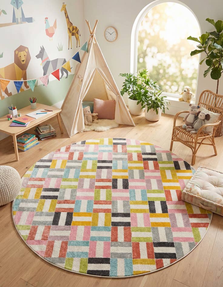 Detail image of 7' 10 x 7' 10 Checkered Whimsy Kids Round Rug