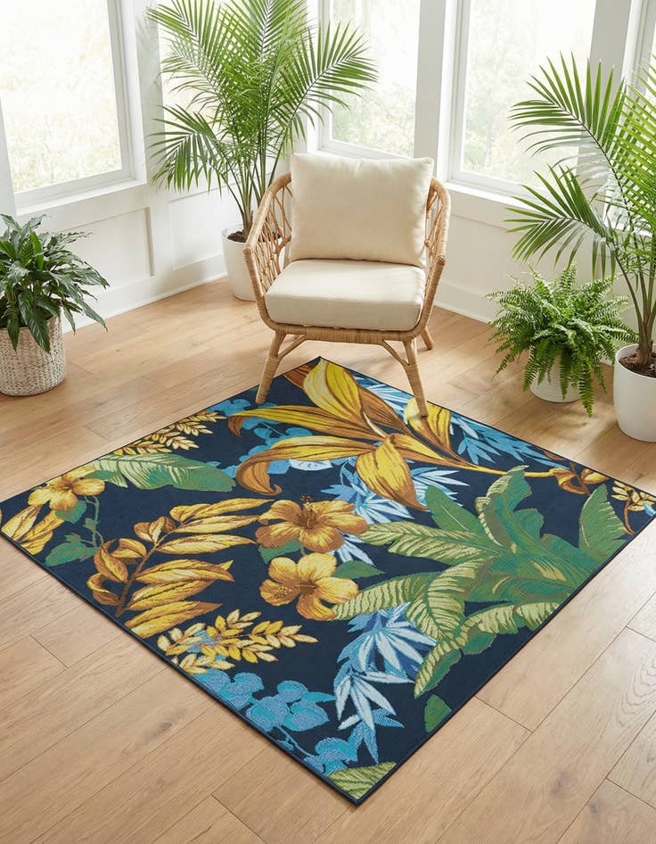 Detail image of 5' 3 x 5' 3 Washable Botanical Indoor / Outdoor Square Rug