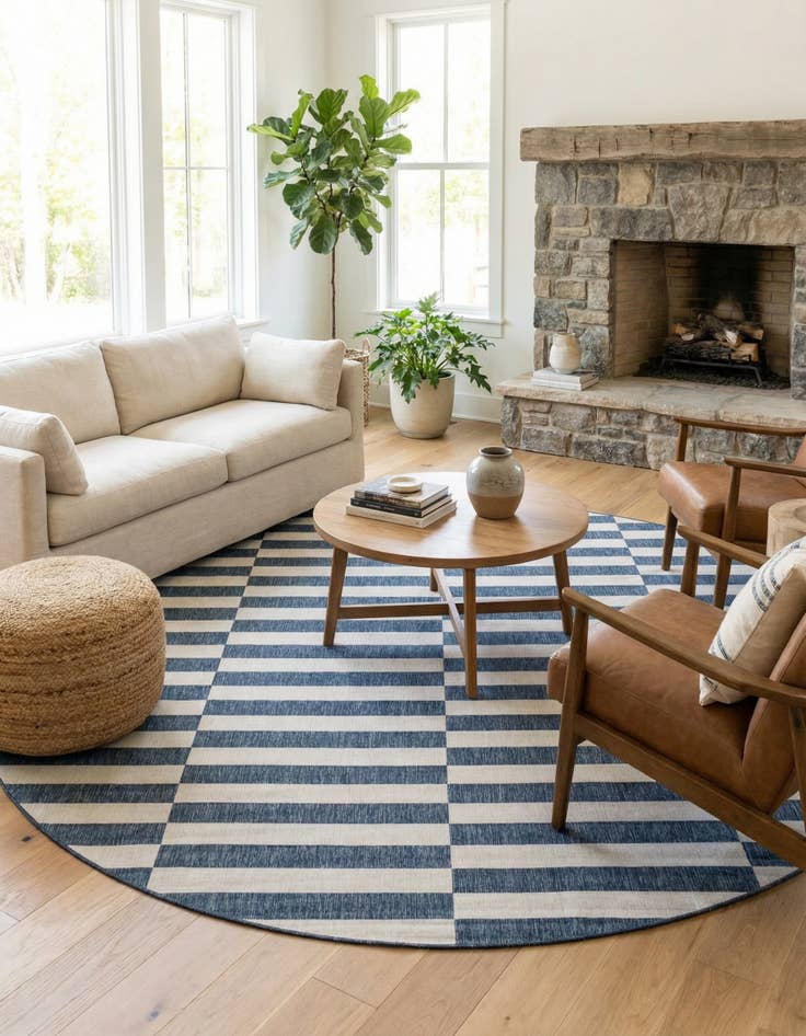 Detail image of 12' x 12'  Washable Striped Indoor / Outdoor Round Rug