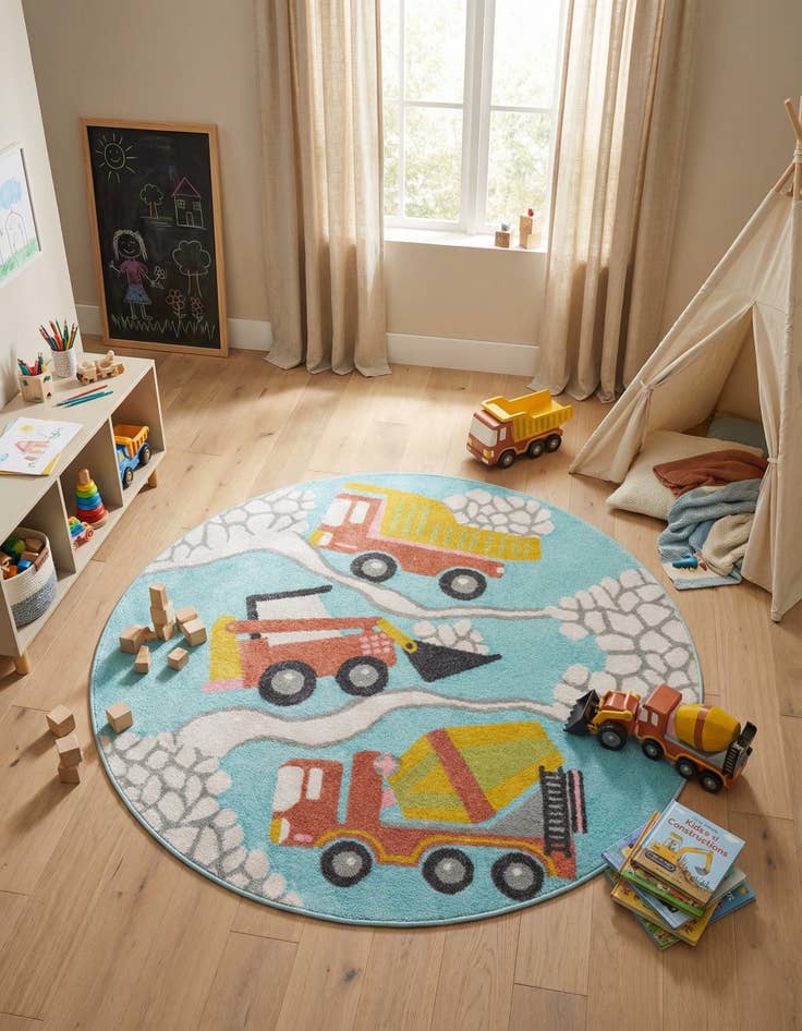 Detail image of 5' 3 x 5' 3 Construction Whimsy Kids Round Rug