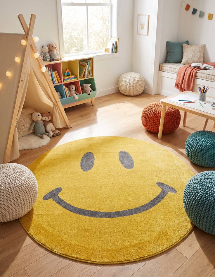 Detail image of 6' 1 x 6' 1 Smiley Face Whimsy Kids Round Rug