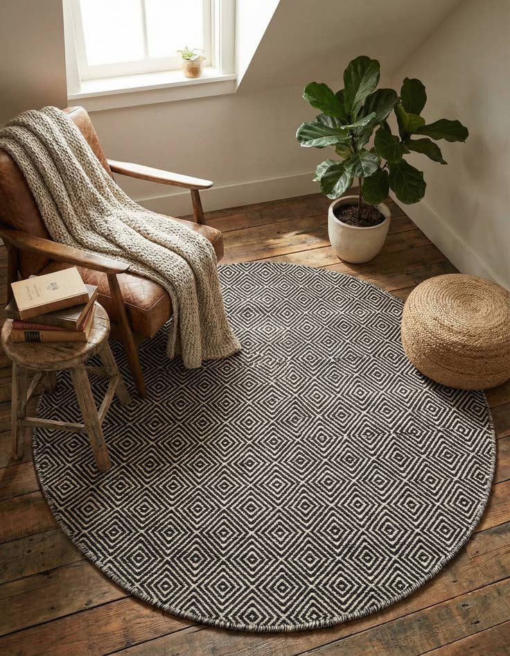 Detail image of 4' 1 x 4' 1 Hand Woven Geo Trellis Flatweave Round Rug