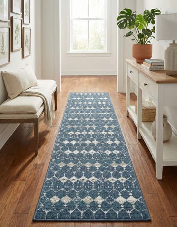 Navy Blue Easy-Clean Lattice Indoor / Outdoor Runner Rug