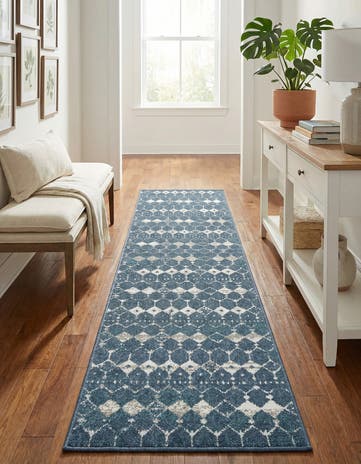 Navy Blue Easy-Clean Lattice Indoor / Outdoor Runner Rug