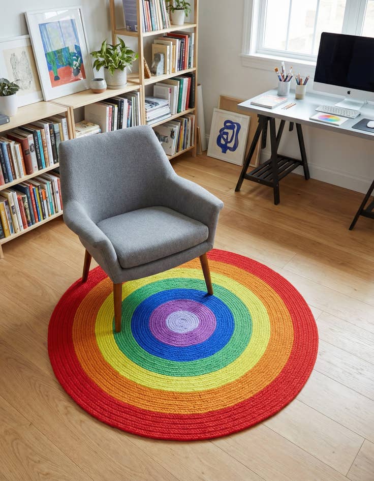 Detail image of 4' 1 x 4' 1 Handmade Hand Braided Rainbow Wool Round Rug