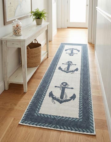 Navy Blue Easy-Clean Coastal Indoor / Outdoor Runner Rug