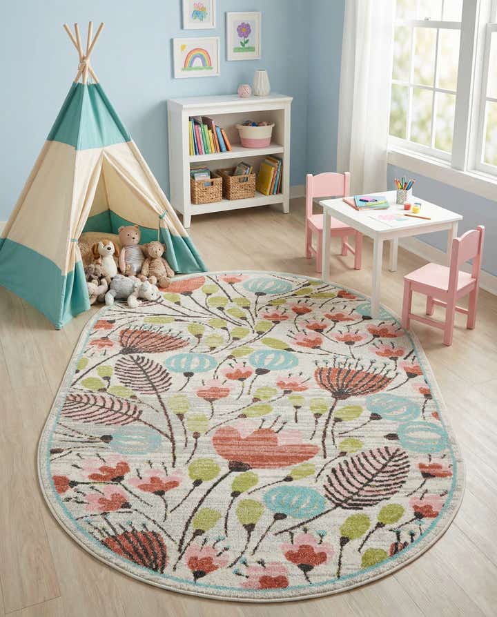 5' 3 x 8' Flowers Whimsy Kids Oval Rug