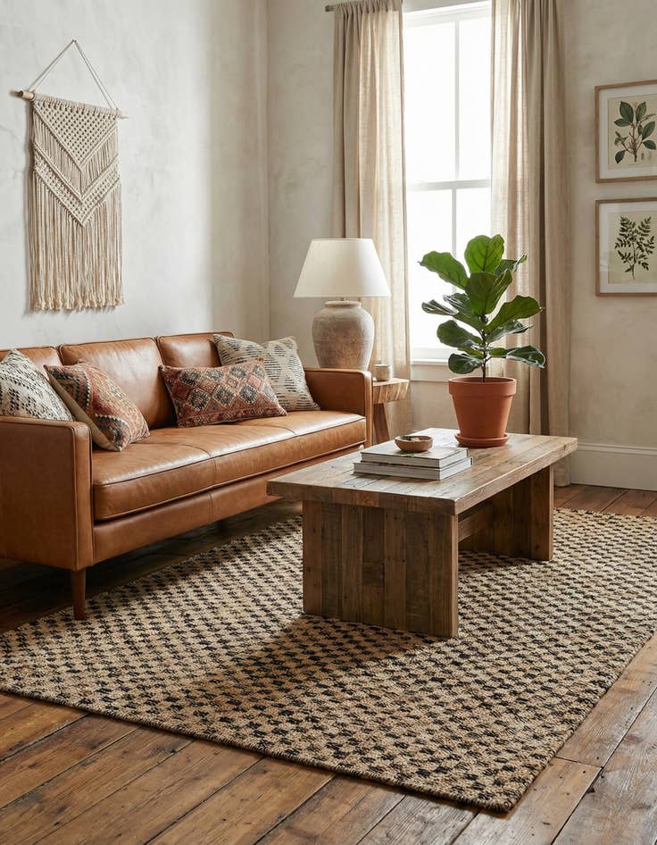 Detail image of 5' 1 x 8' Hand Woven Checkered Jute Wool Rug