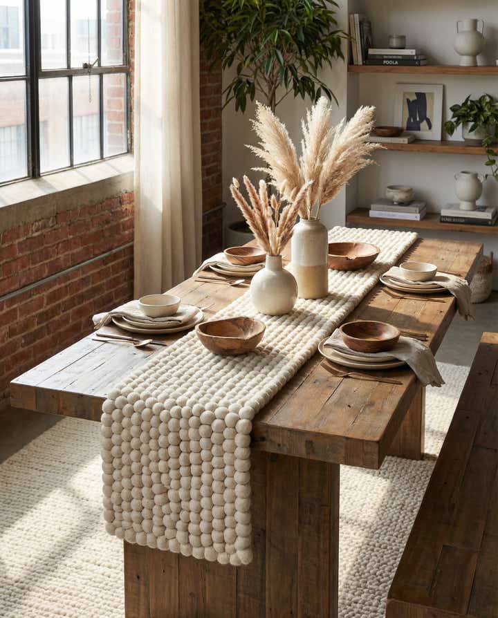 1' 2 x 8' Hand Woven Felt Ball Wool Table Runner Rug