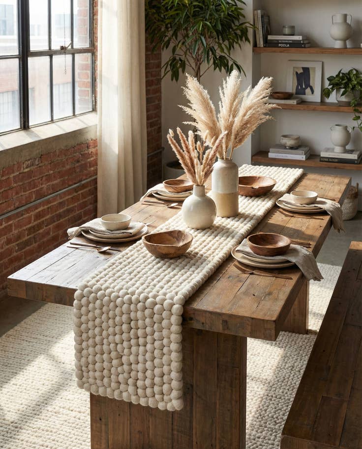 Detail image of 1' 2 x 8' Hand Woven Felt Ball Wool Table Runner Rug