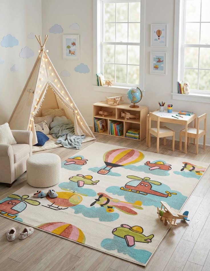 Detail image of 7' 10 x 10' Airplanes Whimsy Kids Rug
