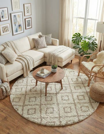 Beige Lattice Shag Round Rug