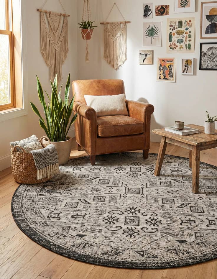 Detail image of 5' 3 x 5' 3  Washable Aztec Indoor / Outdoor Round Rug