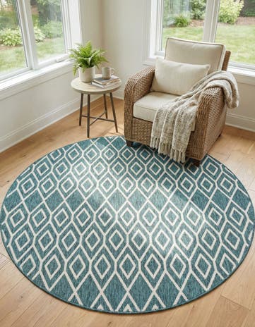 Teal Easy-Clean Jill Zarin Turks and Caicos Indoor / Outdoor Round Rug