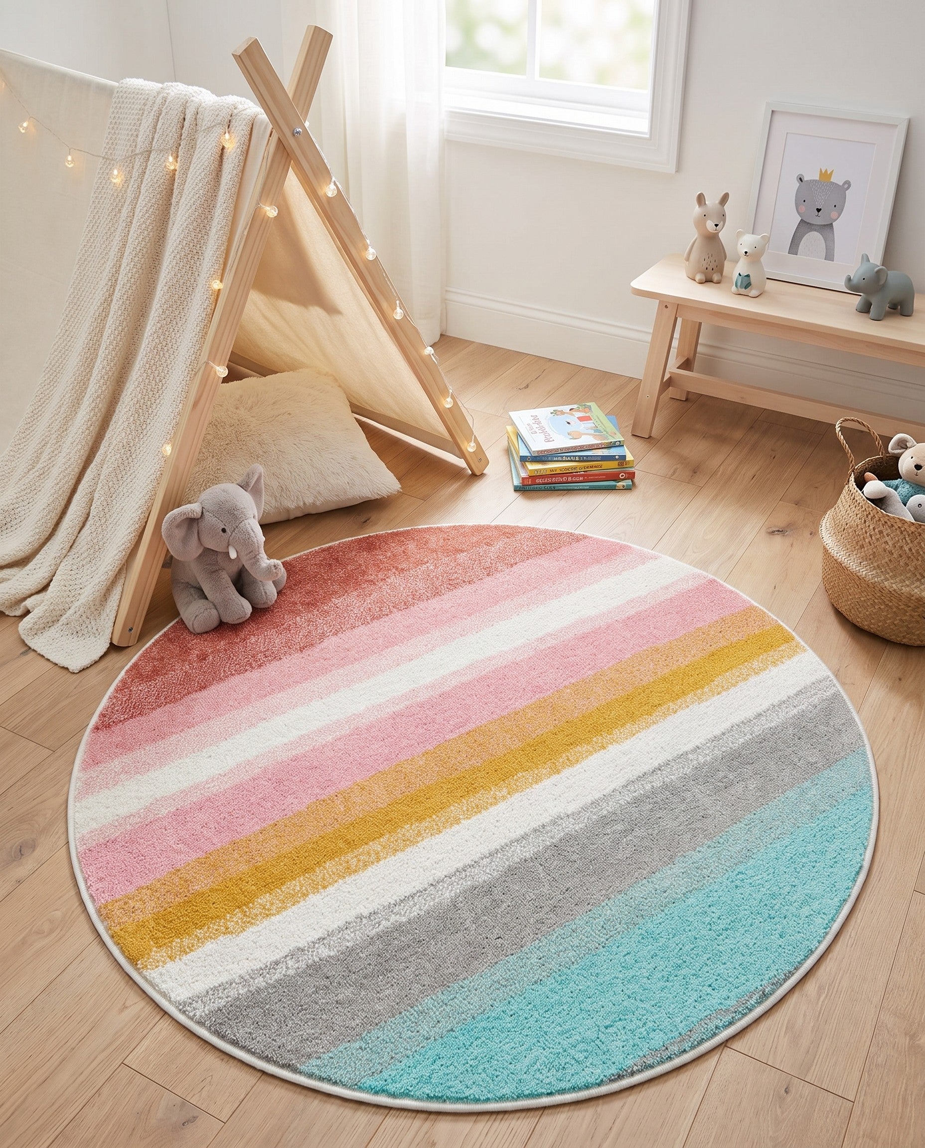 3' 3 x 3' 3 Rainbow Stripes Whimsy Kids Round Rug
