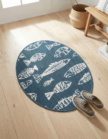 Blue Easy-Clean Coastal Indoor / Outdoor Oval Rug