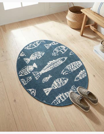 Blue Easy-Clean Coastal Indoor / Outdoor Oval Rug