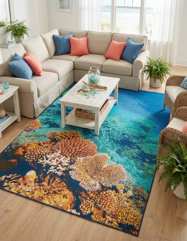 Detail image of 5' 3 x 8' Easy-Clean Coastal Indoor / Outdoor Rug