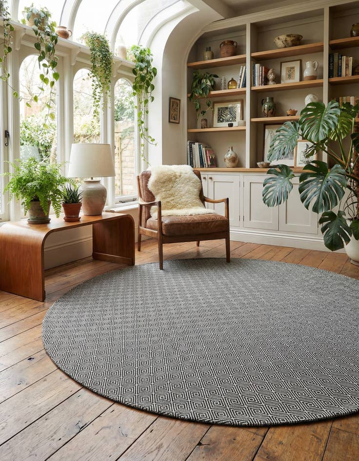 Detail image of 10' x 10'  Hand Woven Geo Trellis Flatweave Round Rug