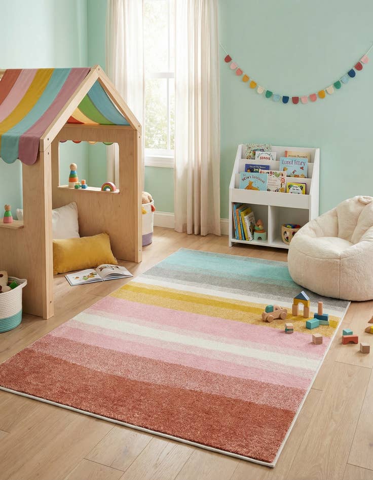 Detail image of 4' x 6' Rainbow Stripes Whimsy Kids Rug