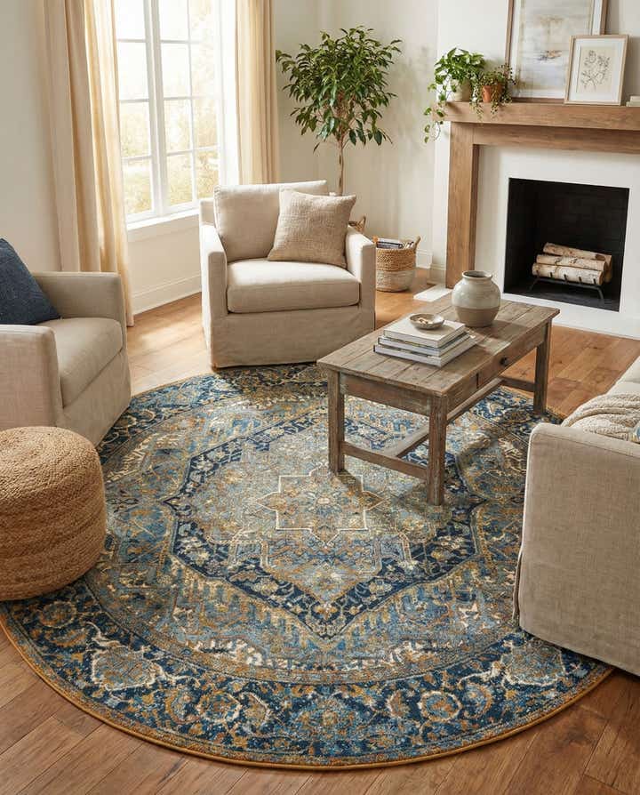 7' 10 x 7' 10 Easy-Clean Traditional Indoor / Outdoor Round Rug