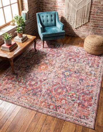 Ivory and Pink Washable Nostalgia Square Rug