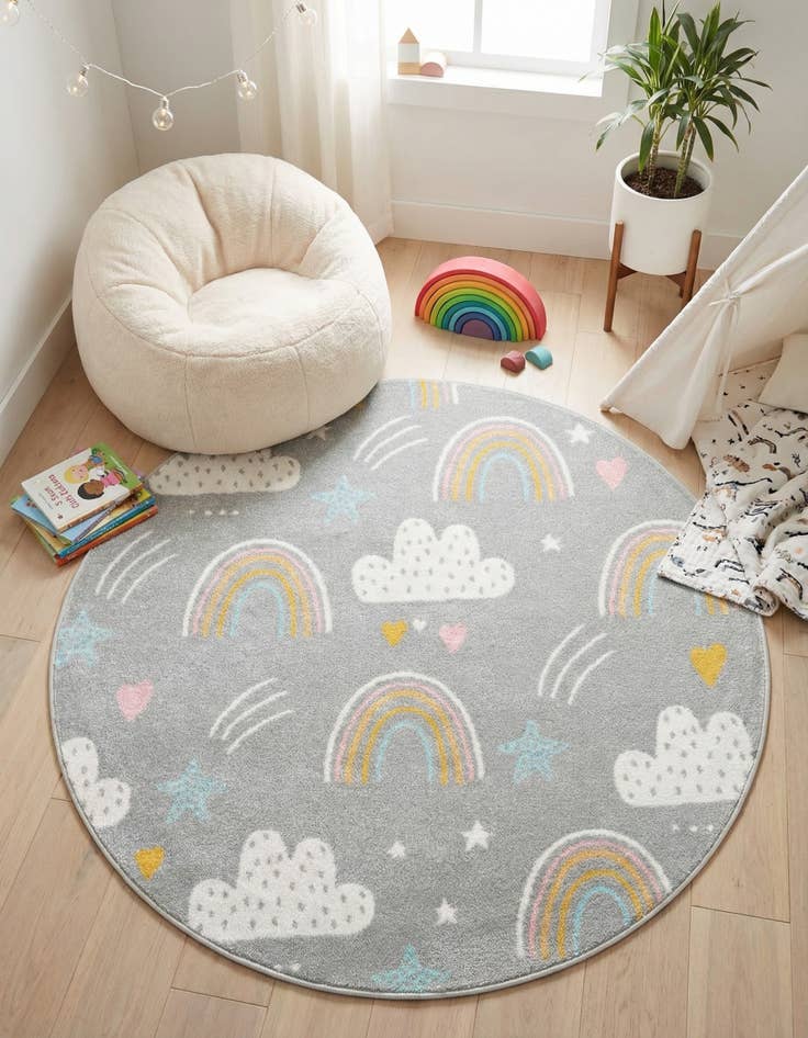 Detail image of 5' 3 x 5' 3 Clouds and Rainbows Whimsy Kids Round Rug