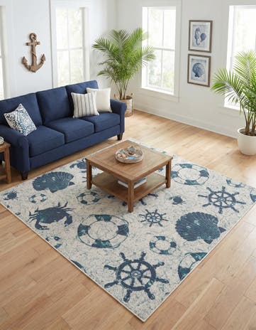 Ivory Easy-Clean Coastal Indoor / Outdoor Square Rug
