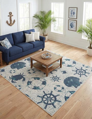 Ivory Easy-Clean Coastal Indoor / Outdoor Square Rug