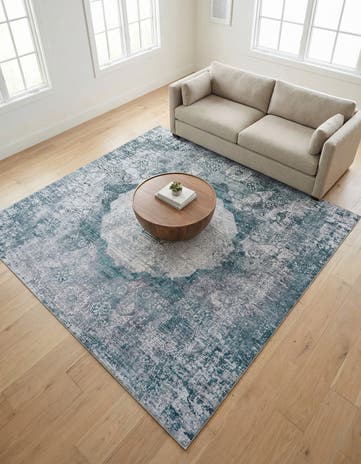 Teal Ivory Washable Yara Square Rug
