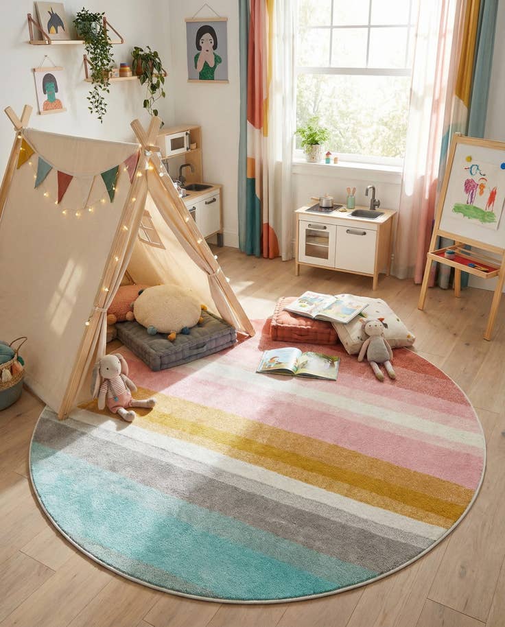 Detail image of 6' 1 x 6' 1 Rainbow Stripes Whimsy Kids Round Rug