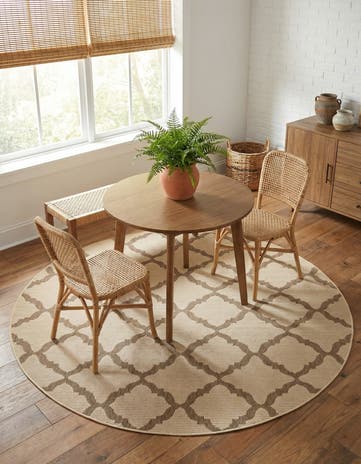 Beige Easy-Clean Lattice Indoor / Outdoor Round Rug