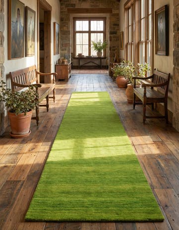Light Green Hand Knotted Solid Gabbeh Wool Runner Rug