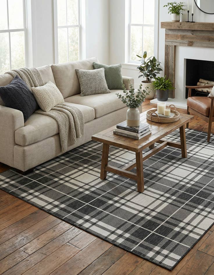 Detail image of 7' 10 x 7' 10 Washable Checkered Indoor / Outdoor Square Rug