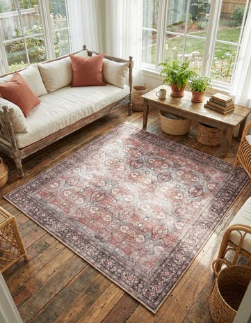 Antique Red Washable Timeless Square Rug