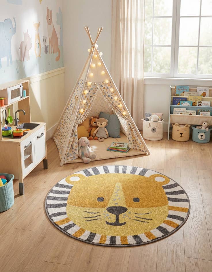 Detail image of 3' 3 x 3' 3 Cat Whimsy Kids Round Rug