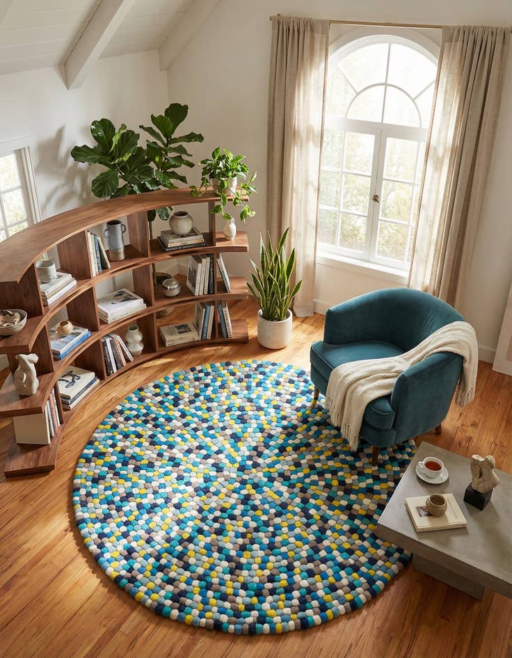 Detail image of 6' 1 x 6' 1  Hand Woven Felt Ball Wool Round Rug