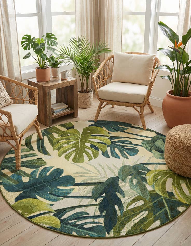 Detail image of 6' x 6' Easy-Clean Botanical Indoor / Outdoor Round Rug
