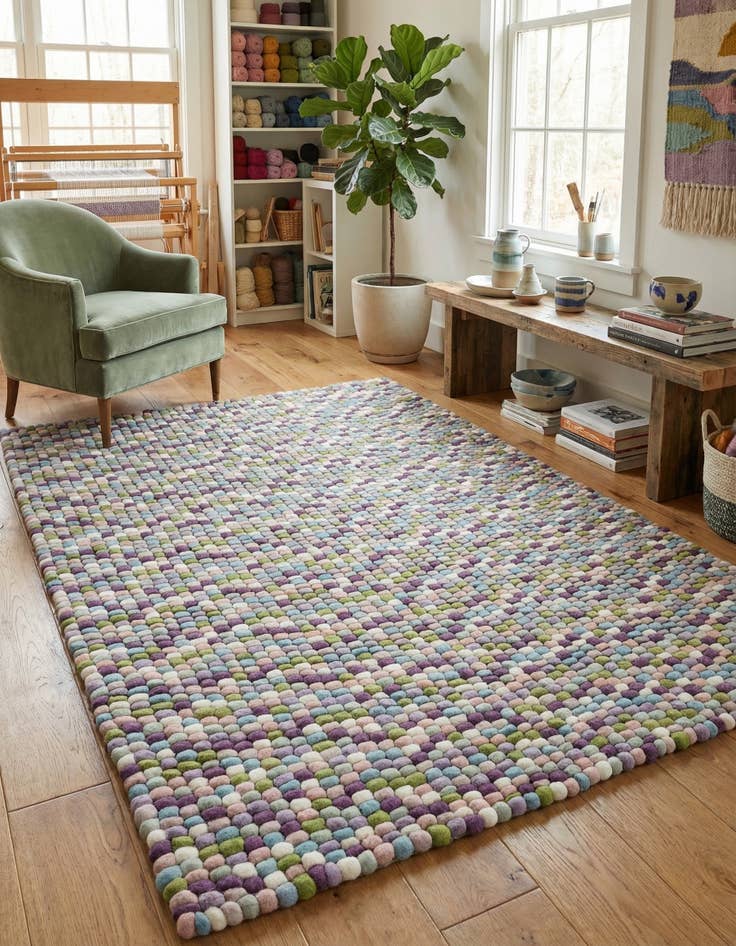 Detail image of  6' 1 x 9'  Hand Woven Felt Ball Wool Rug