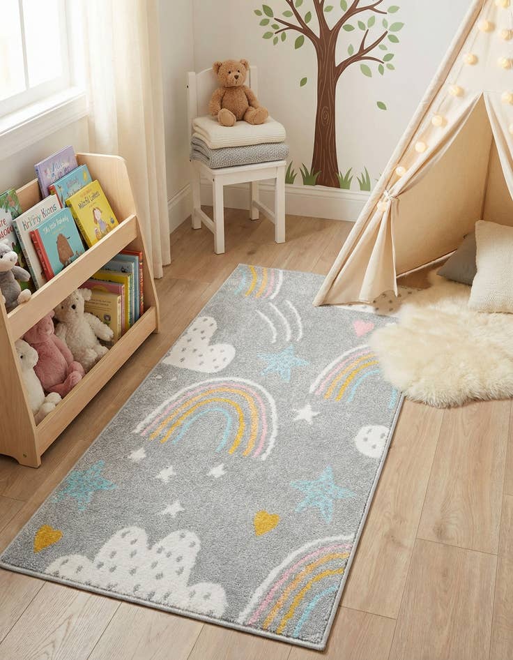 Detail image of 2' 2 x 4' Clouds and Rainbows Whimsy Kids Runner Rug