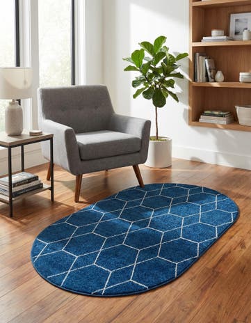 Navy Blue Lattice Frieze Oval Rug