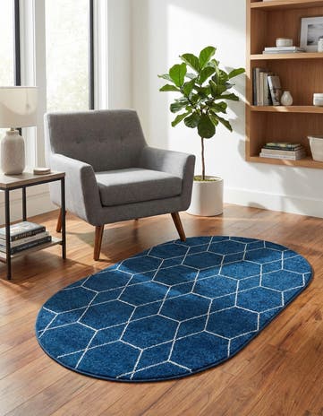 Navy Blue Lattice Frieze Oval Rug