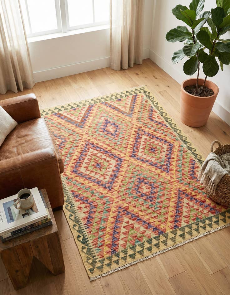 Detail image of 3' 6 x 4' 10 Hand Woven Kilim Maymana Wool Rug