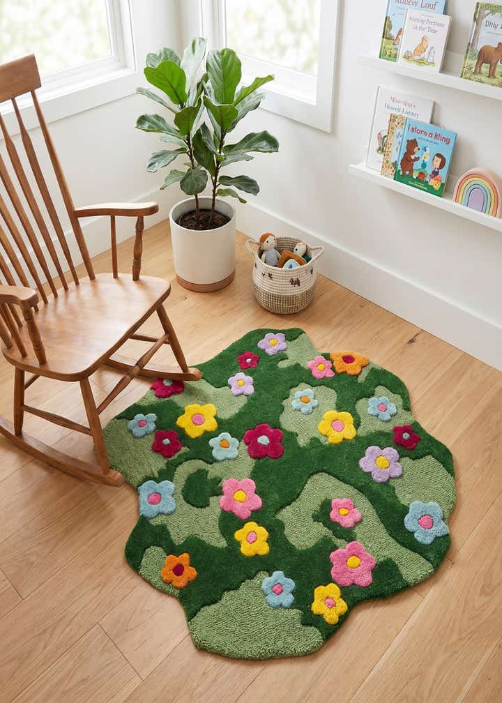 3' 1 x 3' 1 Happy Rugs Moss Funky Flower Wool Round