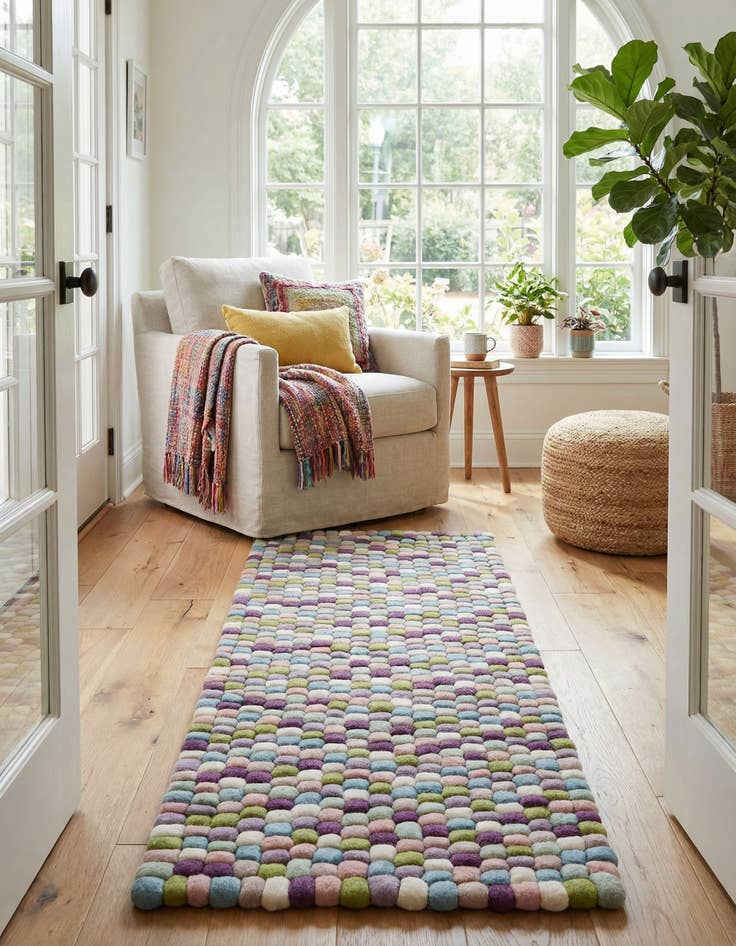 Detail image of 2' x 5' 1 Hand Woven Felt Ball Wool Runner Rug