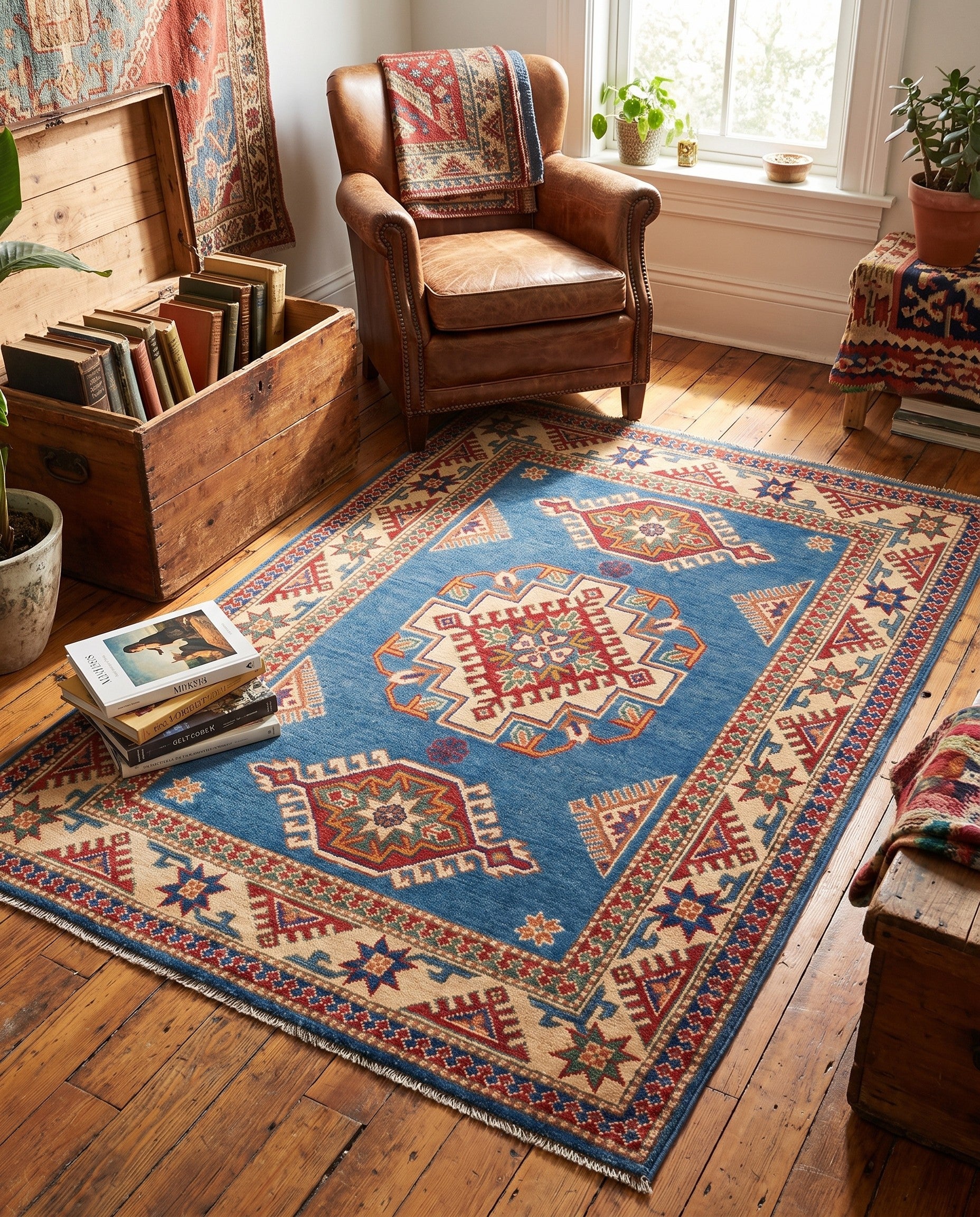 3' 4 x 4' 11 Hand Knotted Kazak Rug