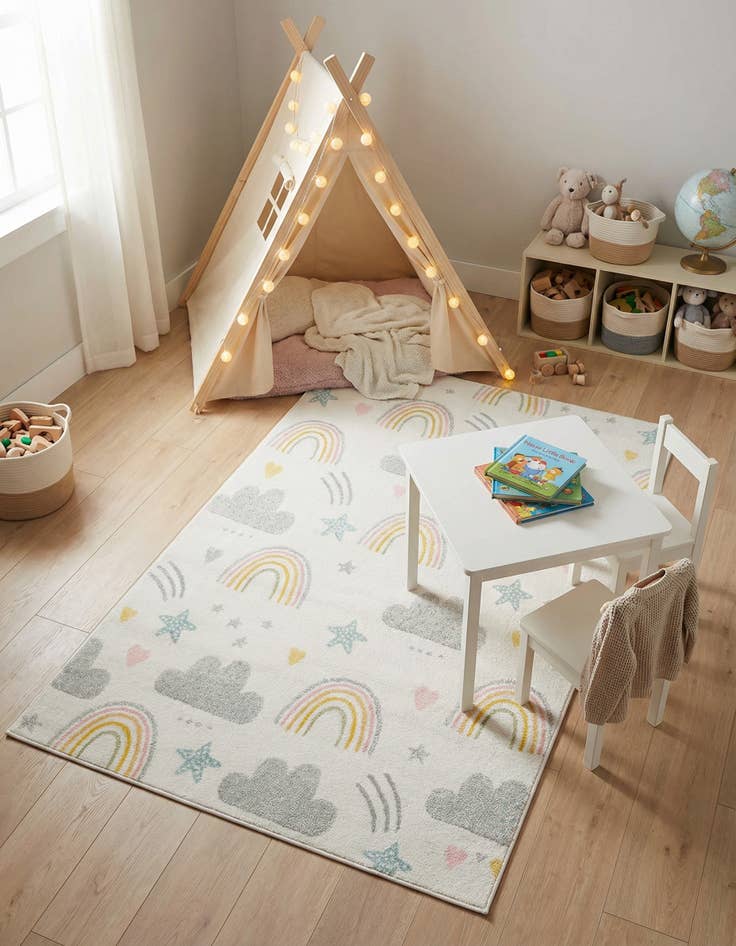 Detail image of 5' 3 x 8' Clouds and Rainbows Whimsy Kids Rug