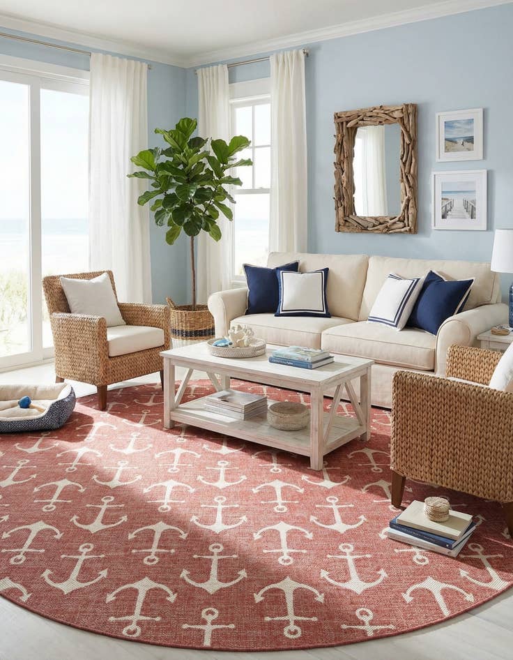 Detail image of 13' x 13'  Washable Coastal Indoor / Outdoor Round Rug