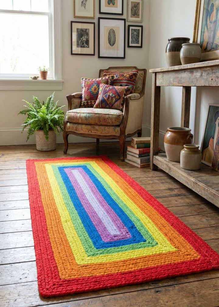 2' x 4' 1 Handmade Hand Braided Rainbow Wool Runner Rug