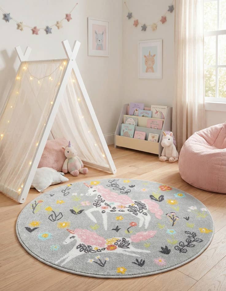Detail image of 3' 3 x 3' 3 Unicorns Whimsy Kids Round Rug